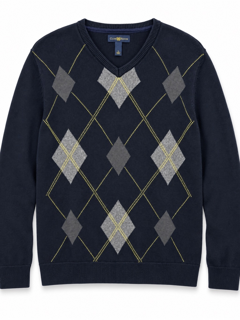 Club Room Men’s Large Navy Cotton Argyle V-Neck Sweater Gray Yellow